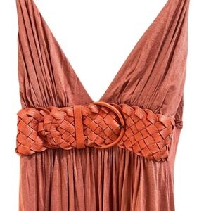 Sky Maxi Dress Leather Belt‎ Plunge V Neck Pleated Coral Melon Halter NEW Small